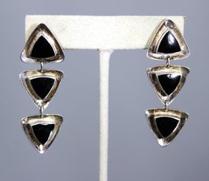 Fine Sterling Silver Designer Pierced Black Onyx Earrings