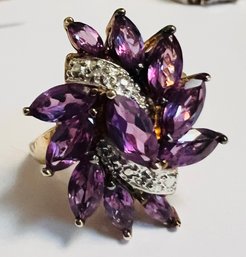 ABSOLUTLY STUNNING PINKISH PURPLE GEMSTONE AND DIAMOND ACCENT RING GOLD OVER STERLING