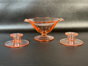 A Selection Of Pink Depression Glass: Bowl & Candlesticks