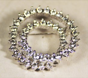 Silver Tone White Rhinestone Circular Brooch Pin