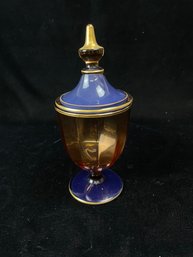 Fostoria Candy Jar - Blue Foot & Lid Gold Trim Amber Paneled Bowl