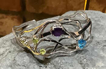 Beautiful Sterling Cut Out Cuff Bracelet With Amethyst, Blue Topaz And Citrine
