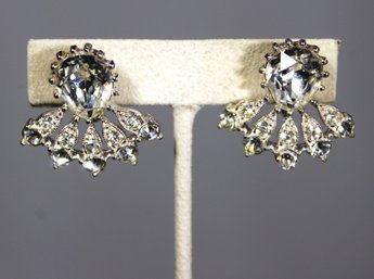 Pair Signed Rhodium Plated Clip Earrings White Stones Bogoff