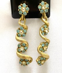 Vintage Goldtone Dangle Earrings W/ Aqua & Clear Stones