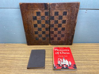 Antique Wood 19th Century Leather Bound Folding Chess And Backgammon Box And (2) Vintage HC Chess Books.