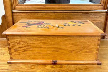 A Vintage Oak Box With Hand Painted Bird Motif