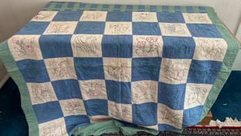 Vintage Green Blue And White Flower Quilt