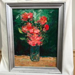 Original James Pascucci Oil On Board Painting - Red Flowers With Green Background - SKU: 01-7-1408