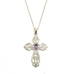 Vintage Sterling Silver Ornate Light Amethyst Color Cross Pendant Necklace