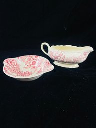 Vintage Taylor Smith Pink Rasberry Chintz Transferware Ironstone Gravy Boat And Undertray