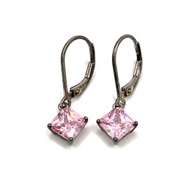 Vintage Sterling Silver Sparkly Pink Stone Dangle Earrings
