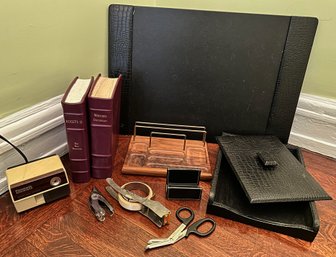 Desk Mat, Paper Holder, 1980 Dictionary Set & Other Office Supplies