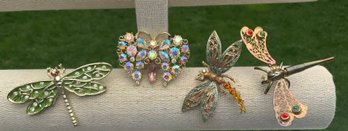 4 Vintage Dragonfly And Butterfly Pins ~ 2 Signed ART & Lisner ~