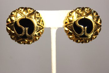 Pair Fine Designer Gold Tone Black Enamel Earrings Ear Clips Signed