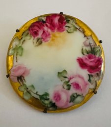 GORGEOUS VICTORIAN HAND PAINTED PORCELAIN BROOCH ROSES