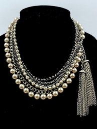 Fabulous Off-set Silvertone & Faux Pearl Statement Necklace