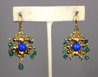 Pair Gold Bead Lapis And Emerald Pierced Earrings (one Missing It's Drop Stone)