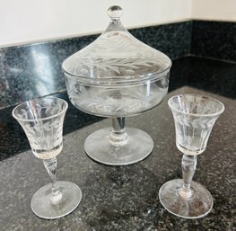 Covered Glass Candy Dish And Two Candlesticks, Etched