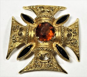 Maltese Cross Brooch By Florenza Gold Tone Rhinestone