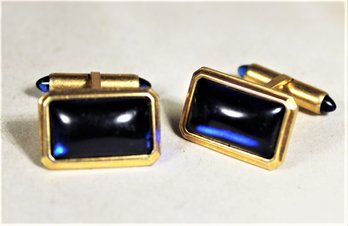 Pair Fine Signed Krementz Blue Glass Stone Cufflinks