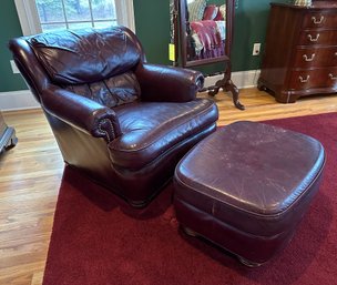 Distinction Leather Burgundy Arm Chair With Ottoman - Very Comfy