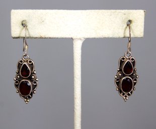 Fine Sterling Silver And Genuine Garnet Gemstone Pierced Earrings