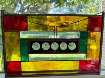 1982 Signed N. Tracy Stained Glass Window Hanging Decorative 13 3/8 ' X 8.5' READ DESCRIPTION