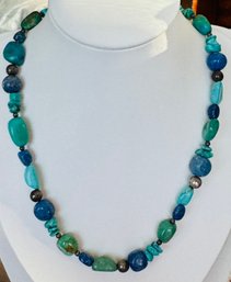 VINTAGE TURQUOISE, SODALITE AND SILVER BEAD NECKLACE STERLING SILVER CHAIN AND CLASP