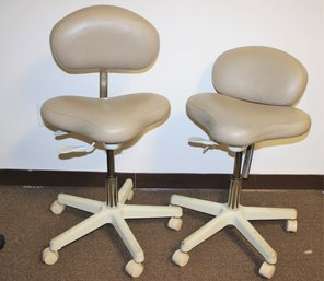Pair Of Adjustable Five Caster Tan Dental Chairs From Crown Seating