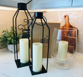 Large Candle Holders And 3 POTTERY BARN Flame-less Wax Pillars