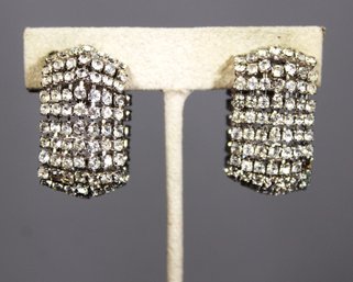 Pair Vintage White Rhinestone Earrings Ear Clips