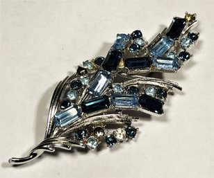 Large Silver Tone Blue Rhinestone Brooch (missing A Couple Stones)