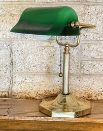 Brass Banker's Lamp With Green Milk Glass Shade
