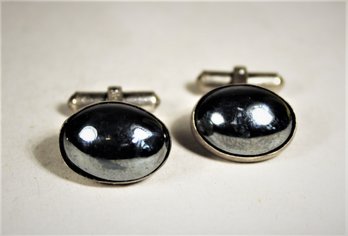 Vintage Sterling Silver Hematite Stone Oval Cufflinks