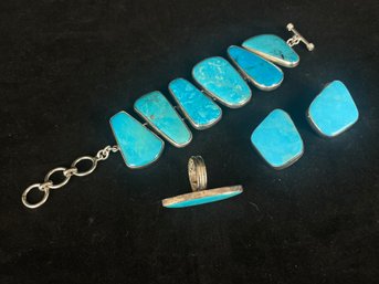 Sterling Silver And Genuine Turquoise Set Includes Bracelet, Ring And Earrings