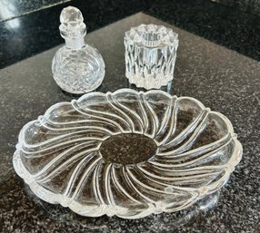 Lot Of 3 Glass/crystal Pieces - Swirled Plate, Candle, Perfume Bottle