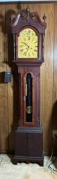 A 19TH CENTURY TALL CASE CLOCK W/ CHERRY CASE AND HAND PAINTED DIAL