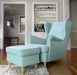 Stylish Modern Robins Egg Blue Upholstered Wingback Chair With Ottoman