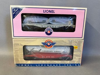 NIB Lionel Trains: Liquefied Gas Tank Car & Lionel Flat Car With Autos, 6-19449 & 6-26077