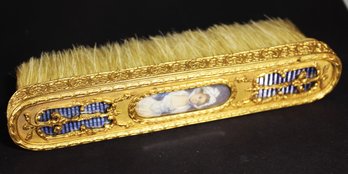 Antique French Gilt Bronze Hand Painted Miniature Portrait Lint Brush Made In France