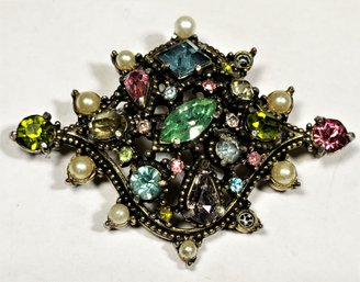 Signed Hollycraft Rhinestone Brooch (missing Some Faux Pearls)