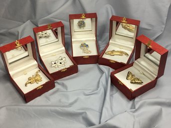 Fabulous Lot Of Five (5) Vintage But Brand New NAPIER Costume Jewelry Brooches / Pins In Original Boxes - WOW