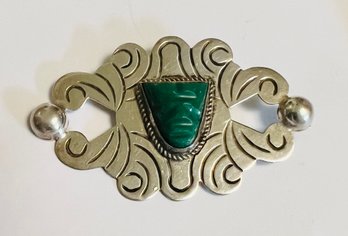 VINTAGE STERLING SILVER GREEN ONYX CARVED MASK BROOCH MEXICO