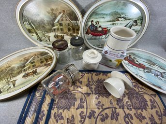 Kitchen Items, Vintage Hershey Jars, Butter Keepers, Currier & Ives Metal Trays