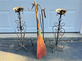 Iron Fireplace Tool Set And Candlesticks