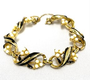 Vintage Signed Coro Goldtone Bracelet W/ Faux Pearl & Enamel Detail