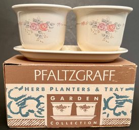 Vintage 1990 Pfaltzgraff Herb Garden Planters With Tray - Roses Floral Design - Unused Pottery Pots In Box