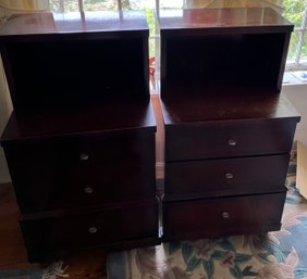 Two Modern Mahogany Three Drawer Nightstands By United Furniture