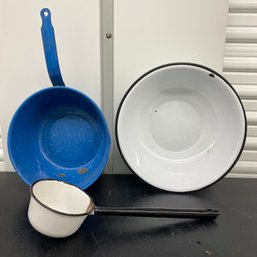 Enamelware Lot Blue Pot 16x4.5x9.5 White Bowl 12x3 Laddle 14x2.5x5