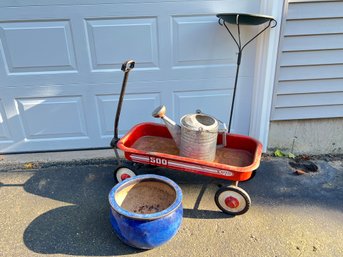 Nice Outdoor Lot With Red Metal Wagon, Blue Pot, Watering Can And Birdbath